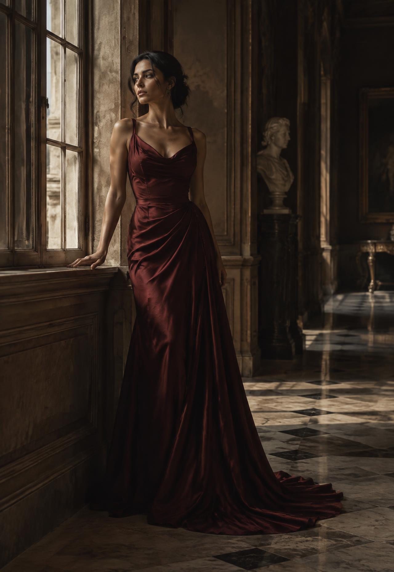 Woman in a burgundy silk gown in a classical Tirana interior