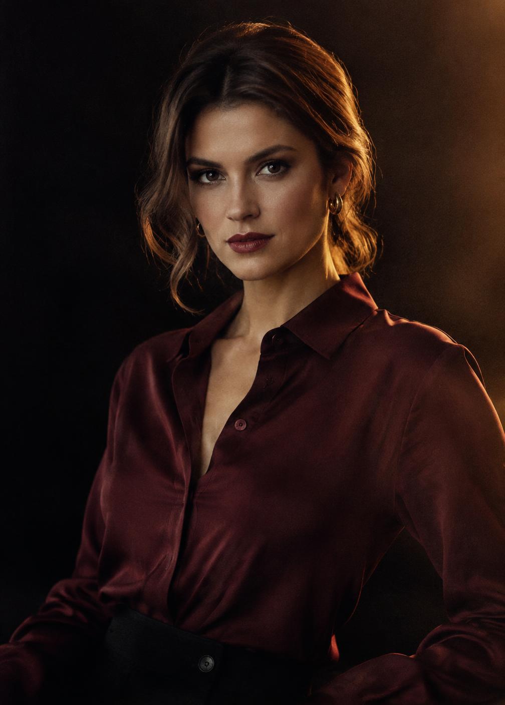 Portrait of a woman in an oxblood silk shirt