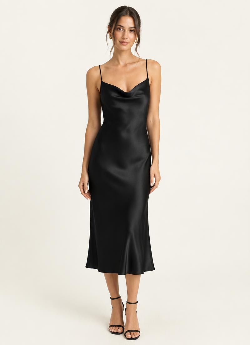 Black bias-cut satin slip midi dress