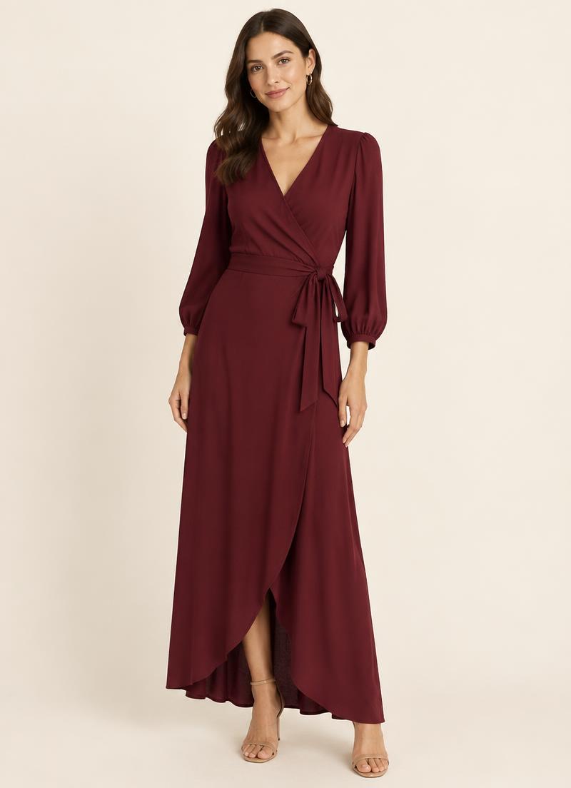 Deep burgundy wrap dress with tie waist