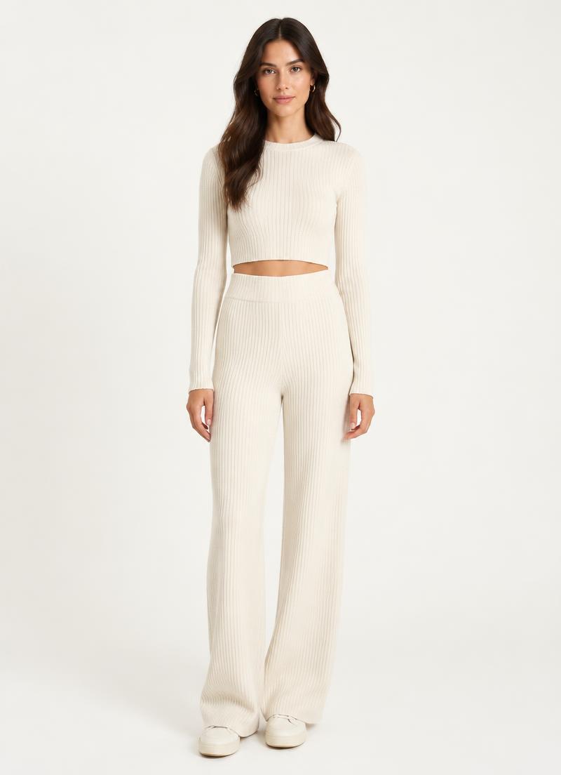 Cream ribbed knit top and wide leg trouser set