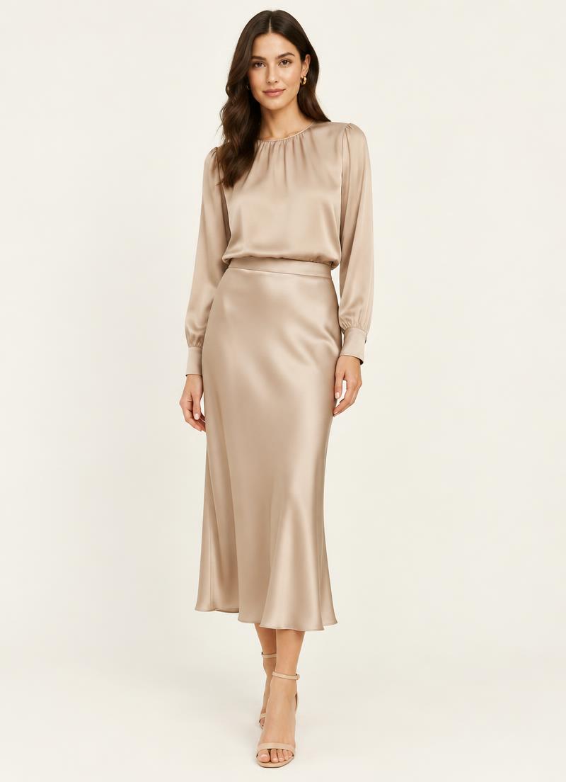 Beige satin midi skirt with matching blouse